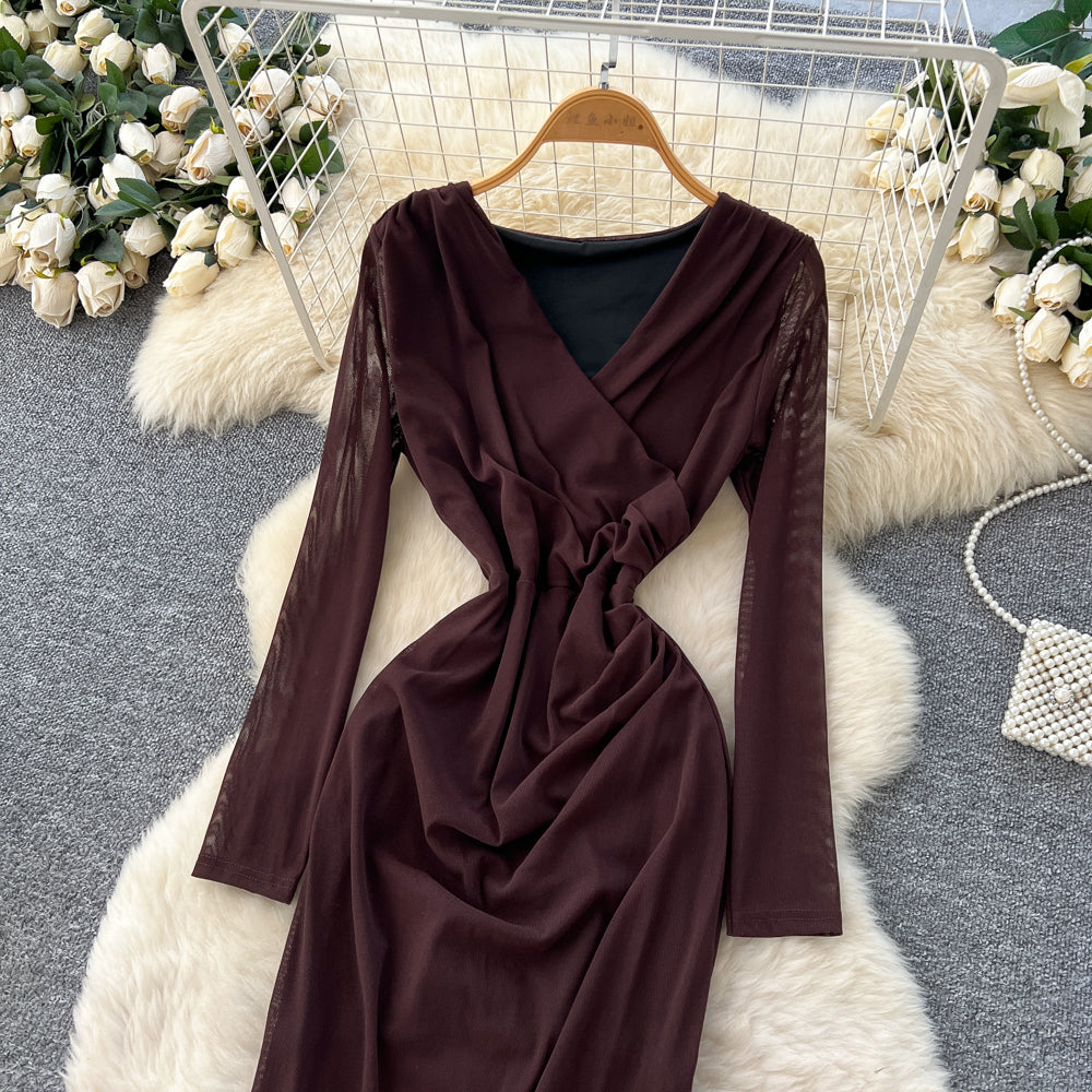 CM-DY061268 Women Elegant European V-Neck Lace Long Sleeve High Waist Split Cross Long Dress (Available in 3 colors)