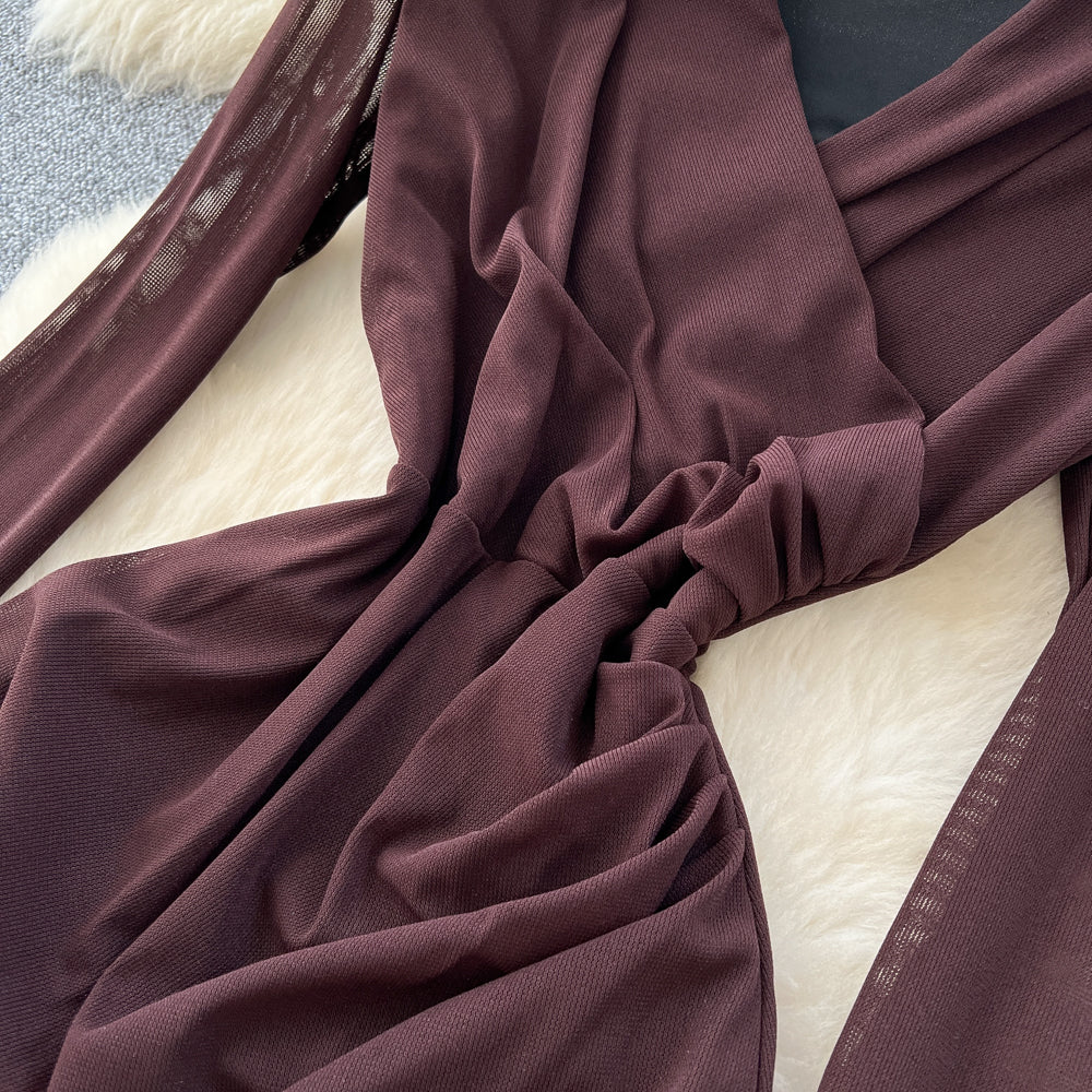 CM-DY061268 Women Elegant European V-Neck Lace Long Sleeve High Waist Split Cross Long Dress (Available in 3 colors)