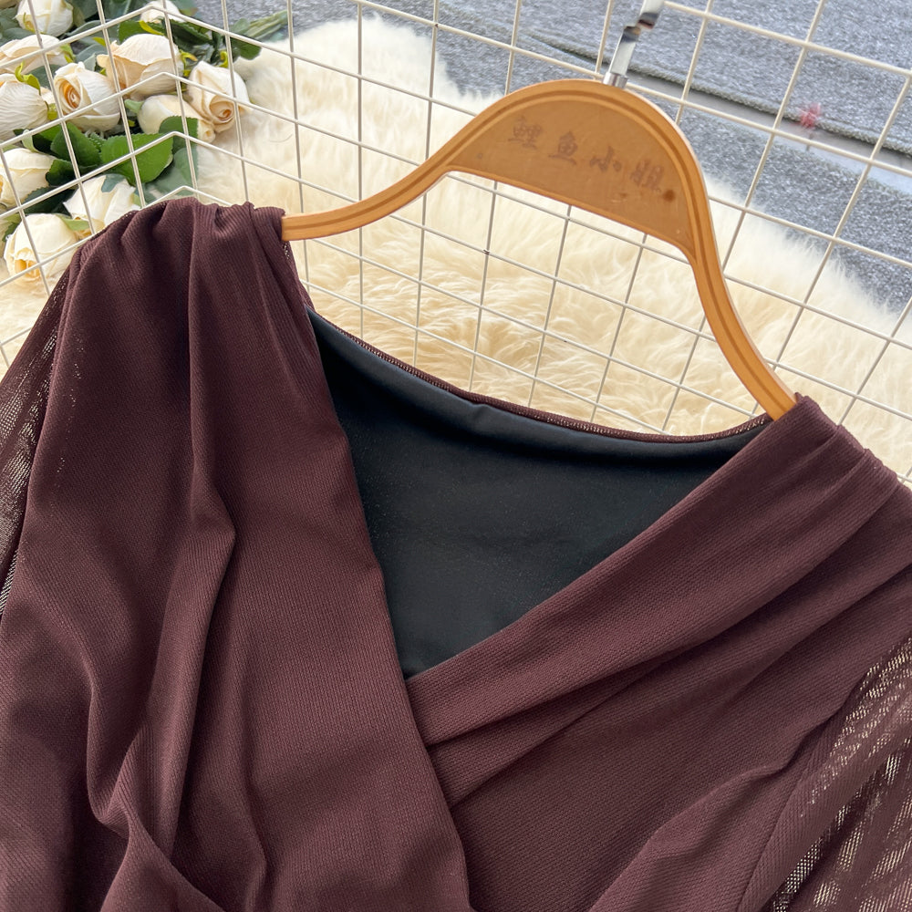 CM-DY061268 Women Elegant European V-Neck Lace Long Sleeve High Waist Split Cross Long Dress (Available in 3 colors)