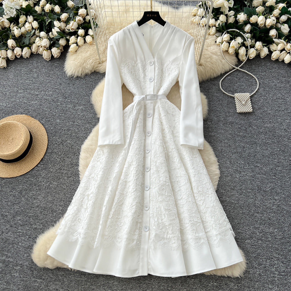 CM-DY061291 Women Elegant European Style V-Neck Long Sleeve Pinched Waist Maxi Dress - White