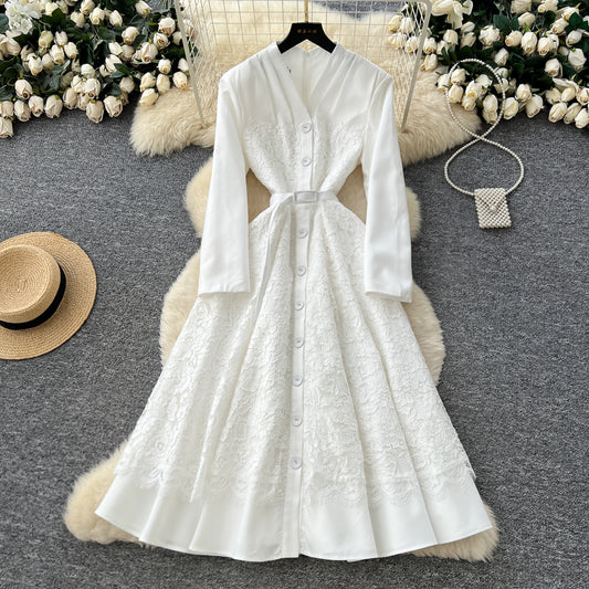 CM-DY061291 Women Elegant European Style V-Neck Long Sleeve Pinched Waist Maxi Dress - White