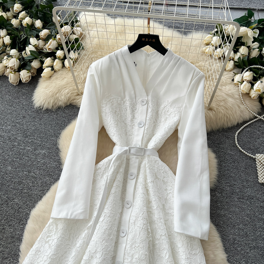 CM-DY061291 Women Elegant European Style V-Neck Long Sleeve Pinched Waist Maxi Dress - White