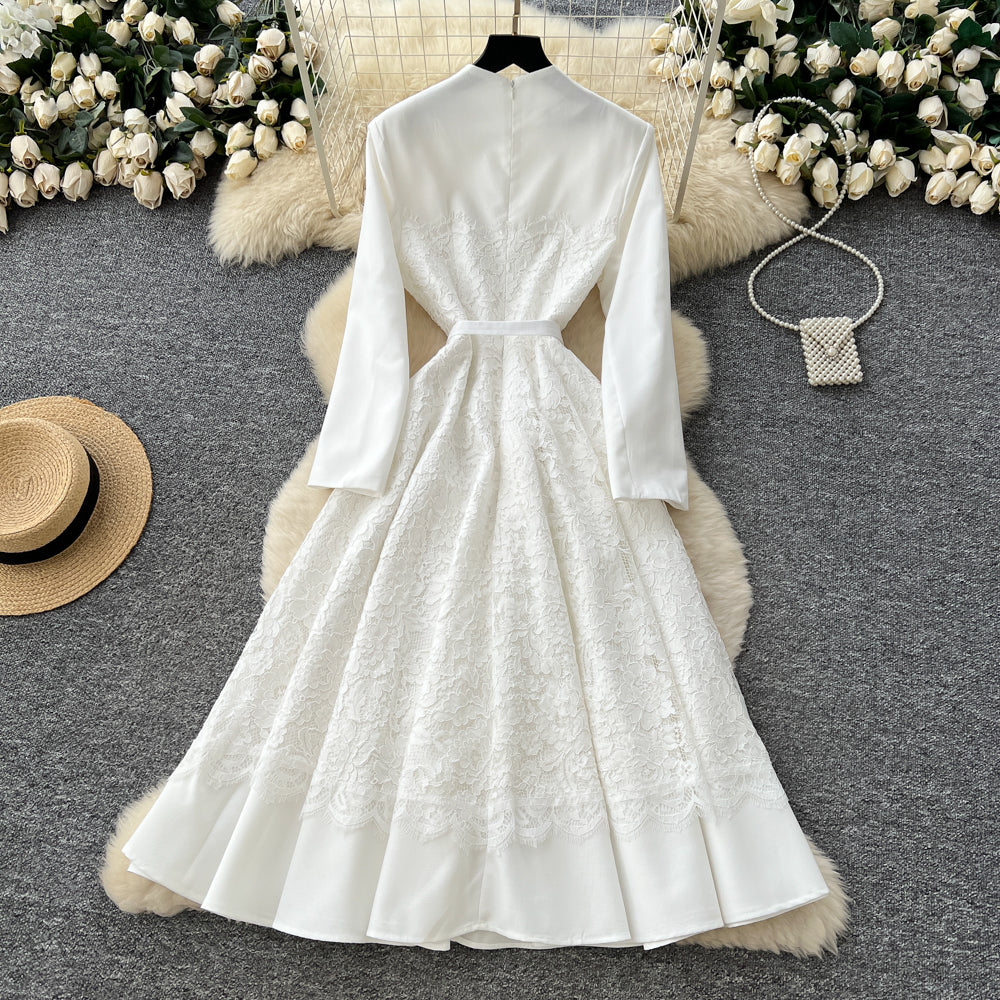 CM-DY061291 Women Elegant European Style V-Neck Long Sleeve Pinched Waist Maxi Dress - White