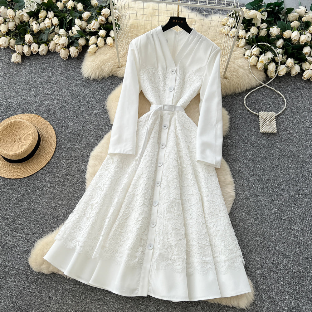 CM-DY061291 Women Elegant European Style V-Neck Long Sleeve Pinched Waist Maxi Dress - White