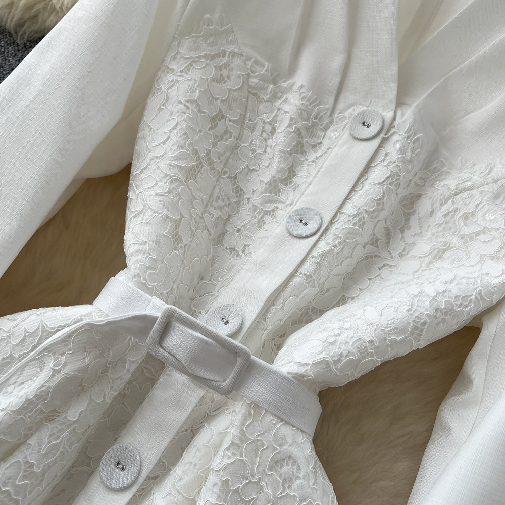 CM-DY061291 Women Elegant European Style V-Neck Long Sleeve Pinched Waist Maxi Dress - White