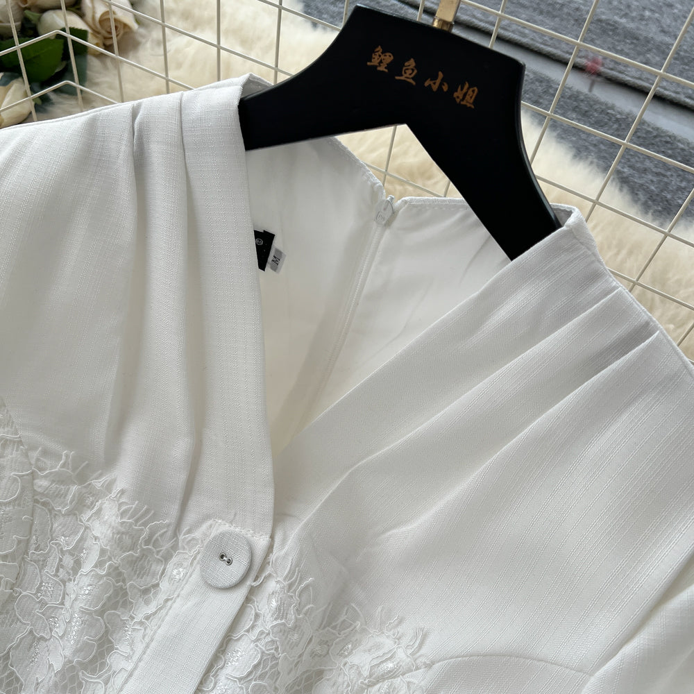 CM-DY061291 Women Elegant European Style V-Neck Long Sleeve Pinched Waist Maxi Dress - White