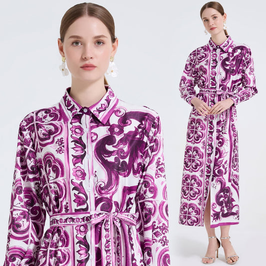 CM-DY061720 Women Elegant European Style Slim Collar Neckline Long Sleeve Pinched Waist Maxi Dress - Purple