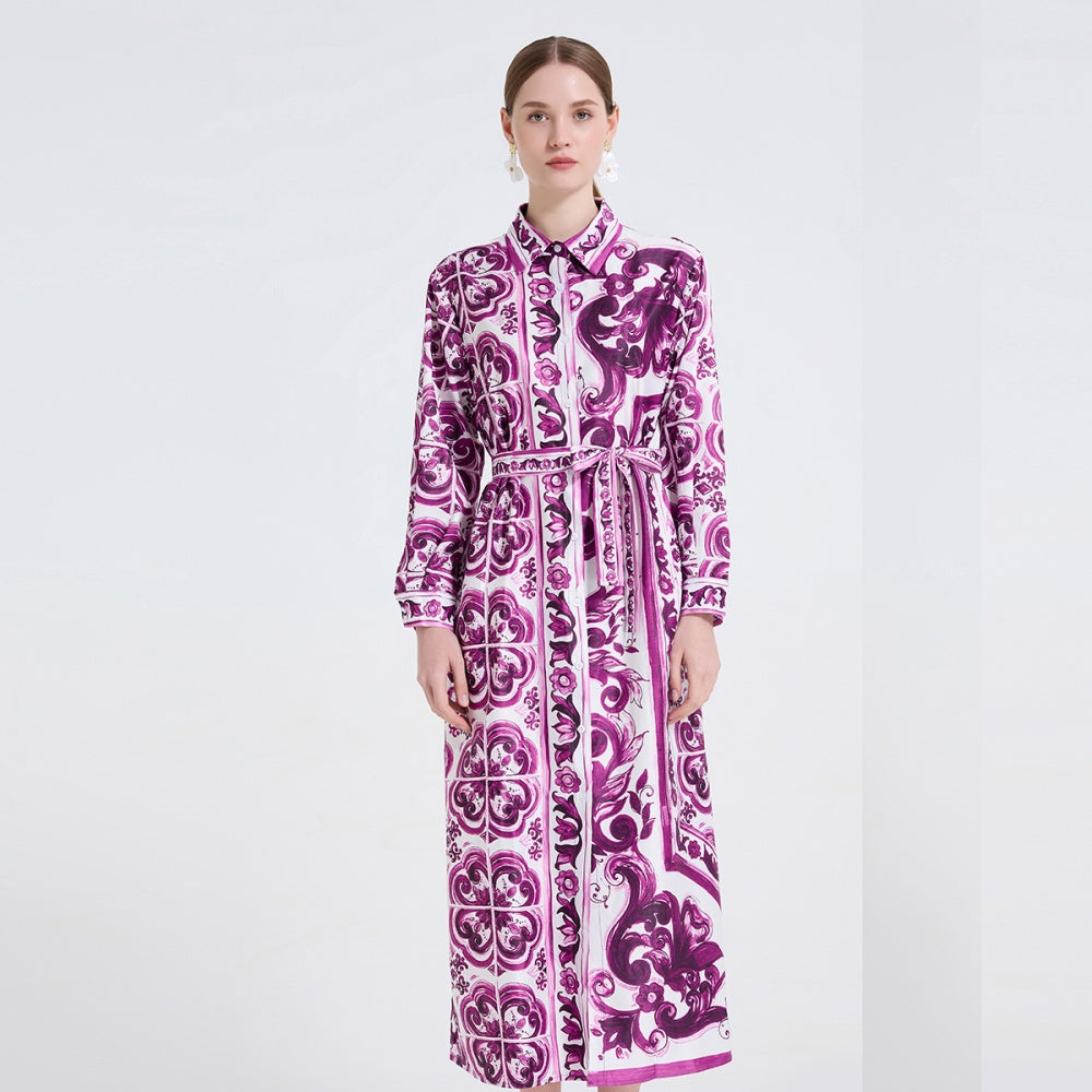 CM-DY061720 Women Elegant European Style Slim Collar Neckline Long Sleeve Pinched Waist Maxi Dress - Purple