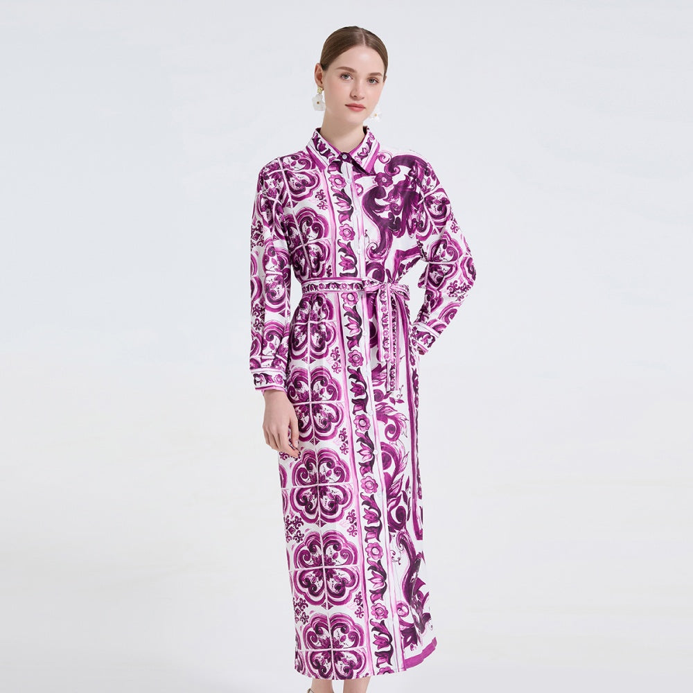 CM-DY061720 Women Elegant European Style Slim Collar Neckline Long Sleeve Pinched Waist Maxi Dress - Purple