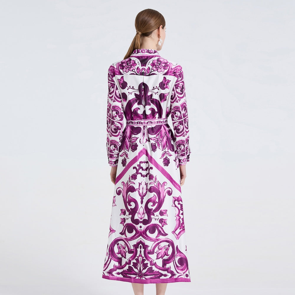 CM-DY061720 Women Elegant European Style Slim Collar Neckline Long Sleeve Pinched Waist Maxi Dress - Purple