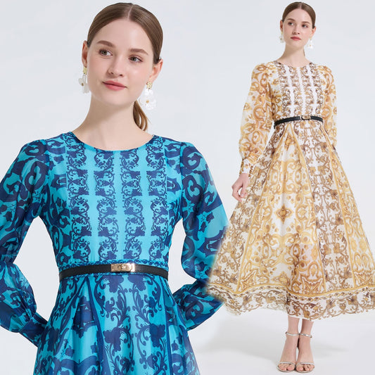 CM-DY061721 Women Elegant European Style Round Neck Long Sleeve High Waist A-Line Maxi Dress (Available in 2 colors)