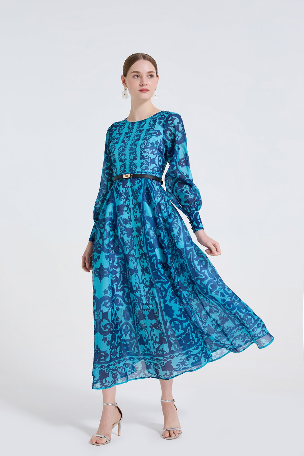 CM-DY061721 Women Elegant European Style Round Neck Long Sleeve High Waist A-Line Maxi Dress (Available in 2 colors)