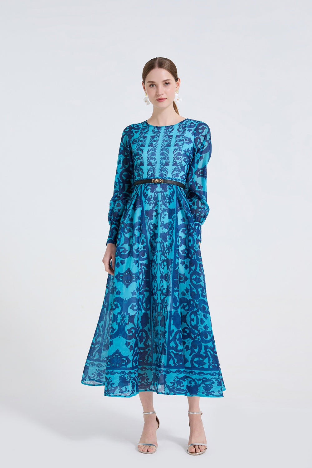 CM-DY061721 Women Elegant European Style Round Neck Long Sleeve High Waist A-Line Maxi Dress (Available in 2 colors)