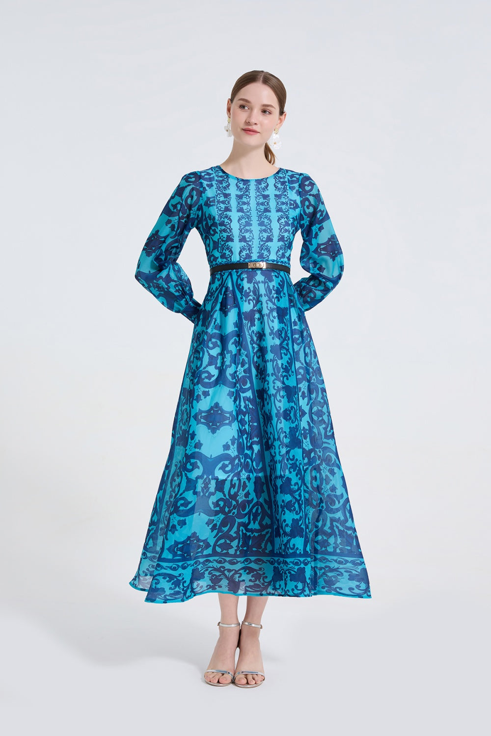 CM-DY061721 Women Elegant European Style Round Neck Long Sleeve High Waist A-Line Maxi Dress (Available in 2 colors)
