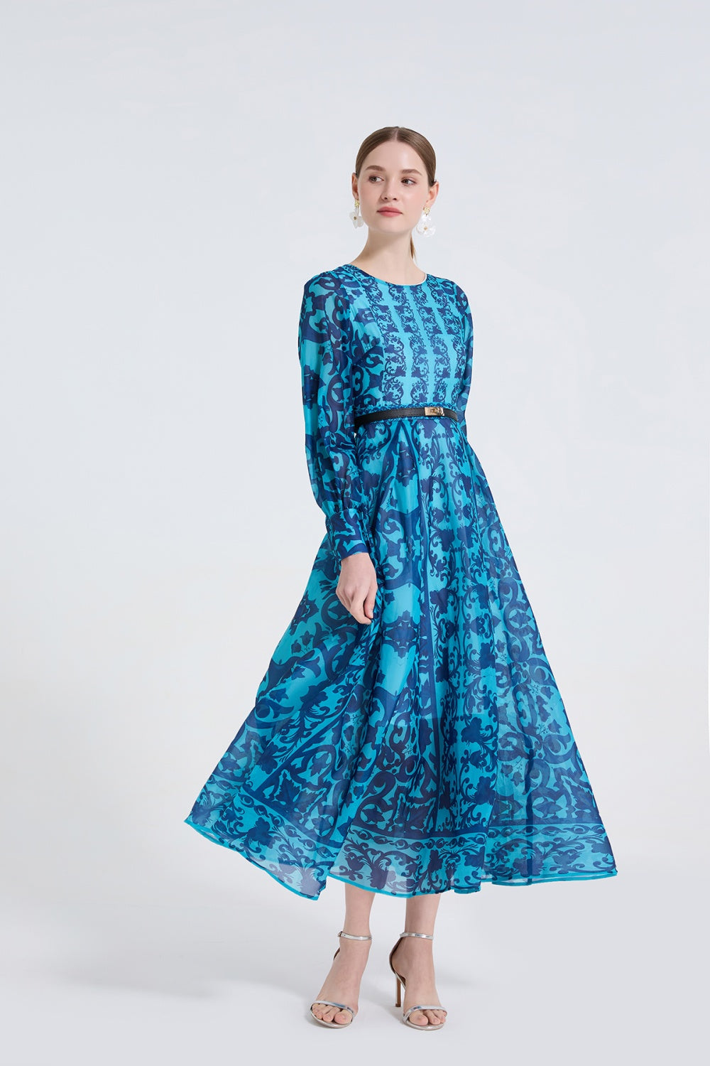 CM-DY061721 Women Elegant European Style Round Neck Long Sleeve High Waist A-Line Maxi Dress (Available in 2 colors)