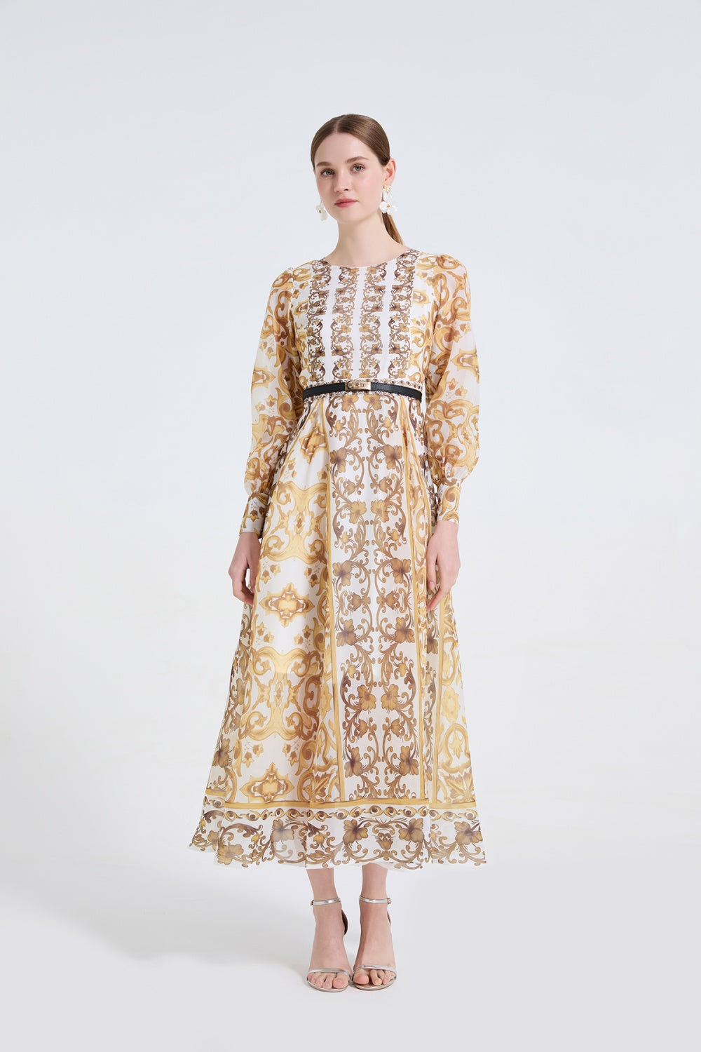 CM-DY061721 Women Elegant European Style Round Neck Long Sleeve High Waist A-Line Maxi Dress (Available in 2 colors)