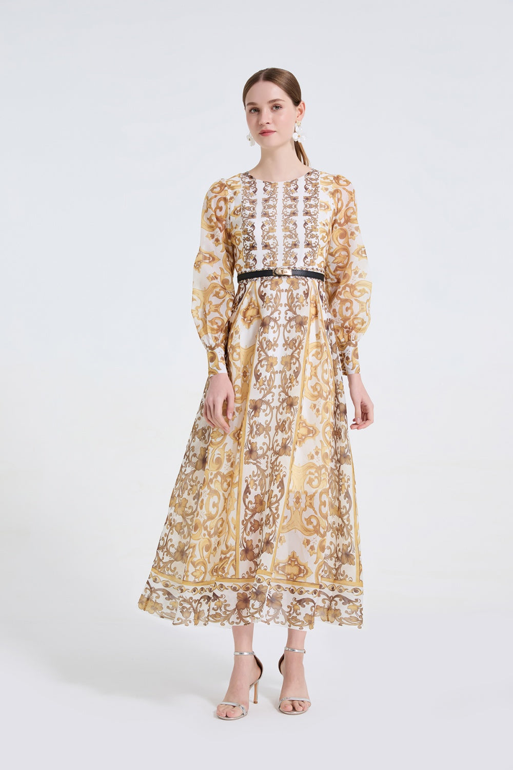 CM-DY061721 Women Elegant European Style Round Neck Long Sleeve High Waist A-Line Maxi Dress (Available in 2 colors)
