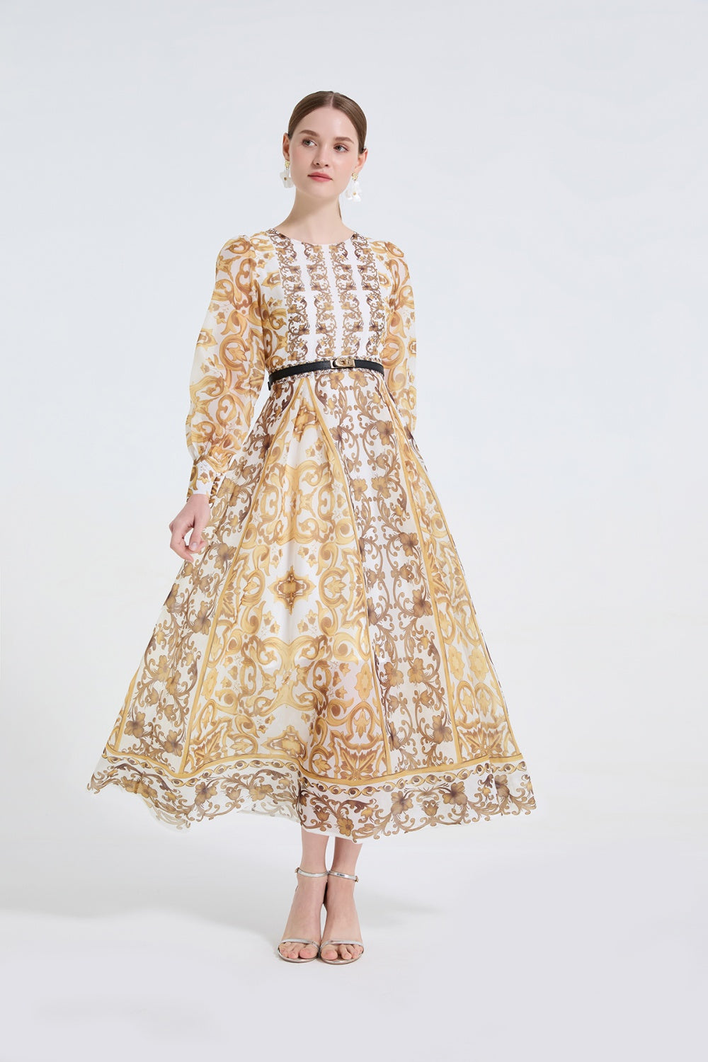 CM-DY061721 Women Elegant European Style Round Neck Long Sleeve High Waist A-Line Maxi Dress (Available in 2 colors)