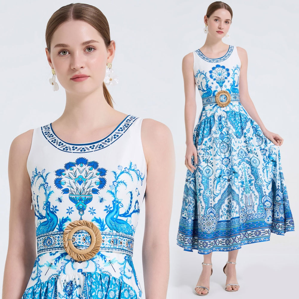 CM-DY061722 Women Elegant European Style Round Neck Sleeveless Floral Print Pinched Waist Long Dress - Blue