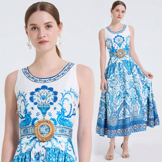 CM-DY061722 Women Elegant European Style Round Neck Sleeveless Floral Print Pinched Waist Long Dress - Blue