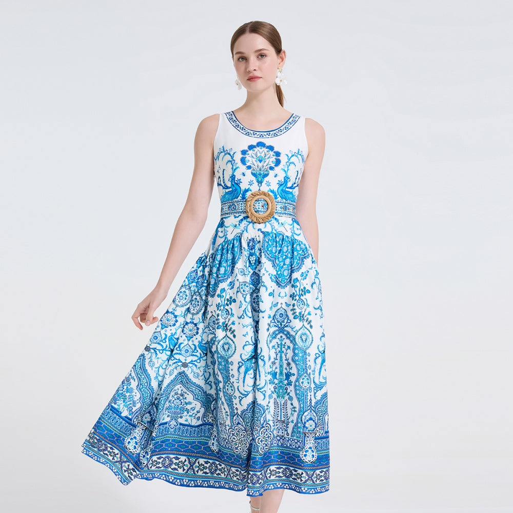 CM-DY061722 Women Elegant European Style Round Neck Sleeveless Floral Print Pinched Waist Long Dress - Blue