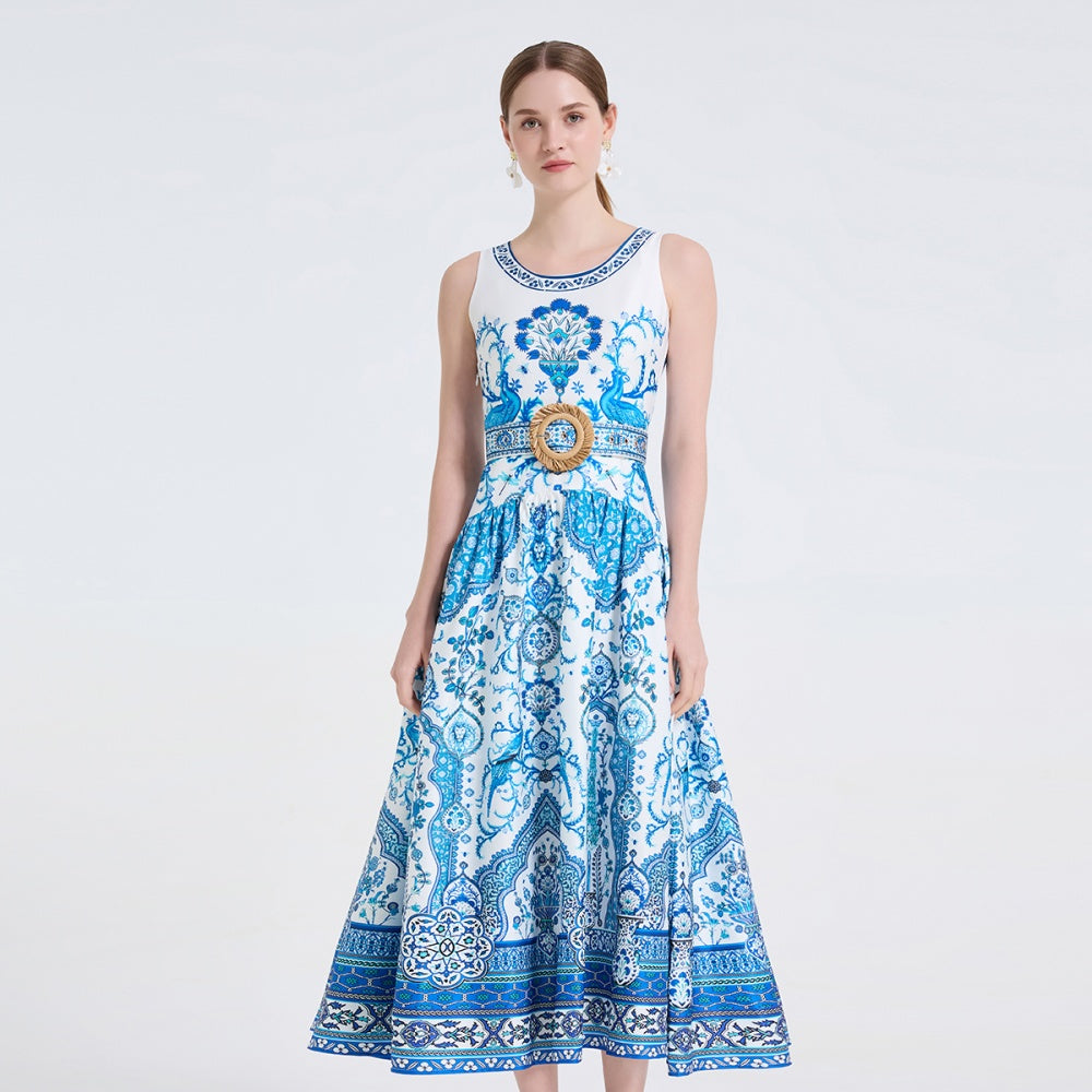 CM-DY061722 Women Elegant European Style Round Neck Sleeveless Floral Print Pinched Waist Long Dress - Blue