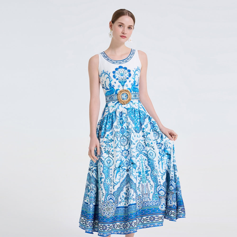 CM-DY061722 Women Elegant European Style Round Neck Sleeveless Floral Print Pinched Waist Long Dress - Blue