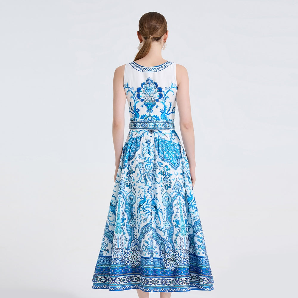 CM-DY061722 Women Elegant European Style Round Neck Sleeveless Floral Print Pinched Waist Long Dress - Blue