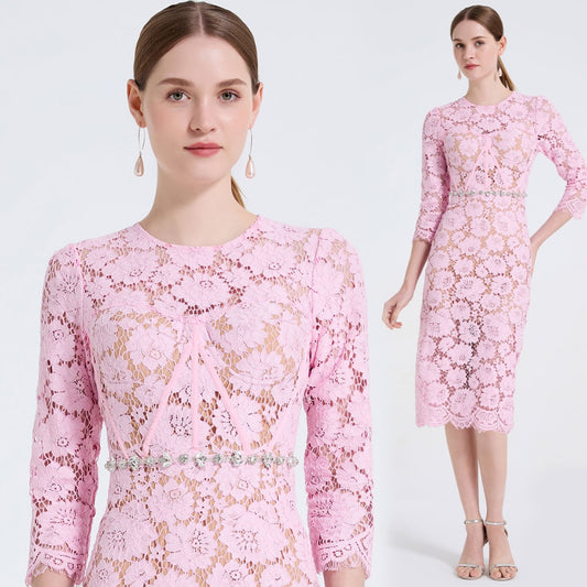 CM-DY061723 Women Elegant European Style Round Neck Long Sleeve High Waist Mid-Length Dress - Pink