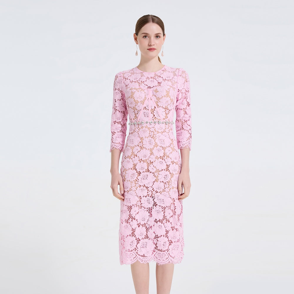 CM-DY061723 Women Elegant European Style Round Neck Long Sleeve High Waist Mid-Length Dress - Pink