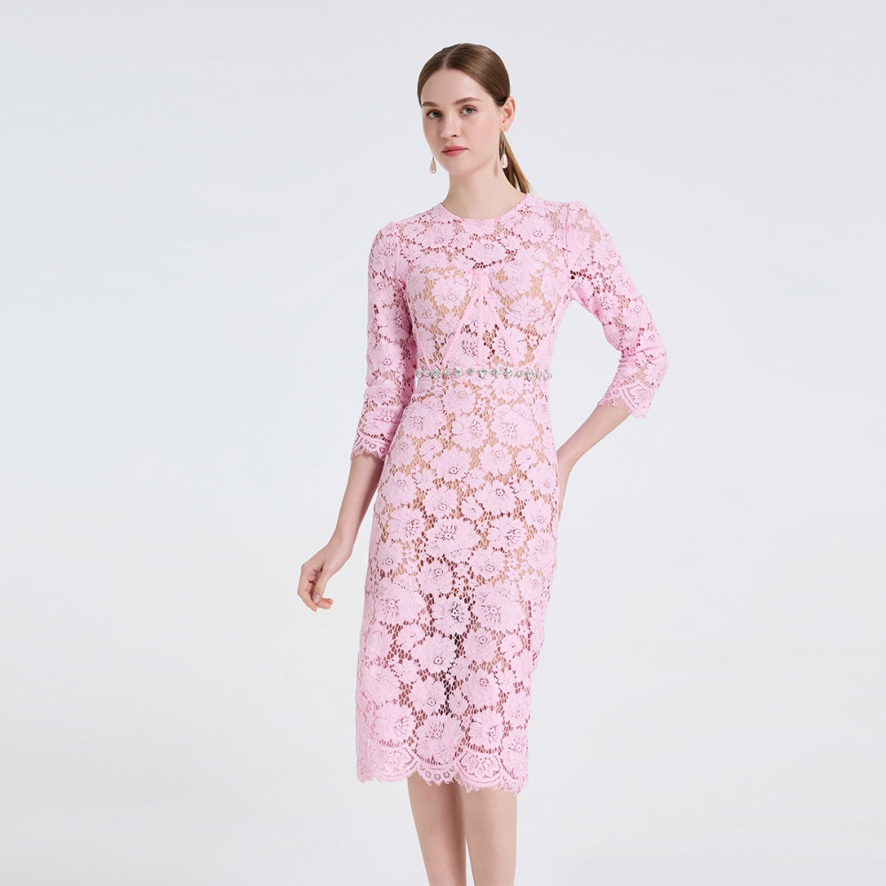 CM-DY061723 Women Elegant European Style Round Neck Long Sleeve High Waist Mid-Length Dress - Pink