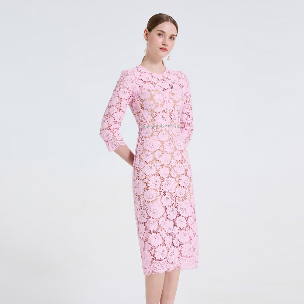 CM-DY061723 Women Elegant European Style Round Neck Long Sleeve High Waist Mid-Length Dress - Pink