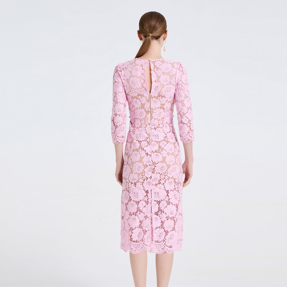 CM-DY061723 Women Elegant European Style Round Neck Long Sleeve High Waist Mid-Length Dress - Pink