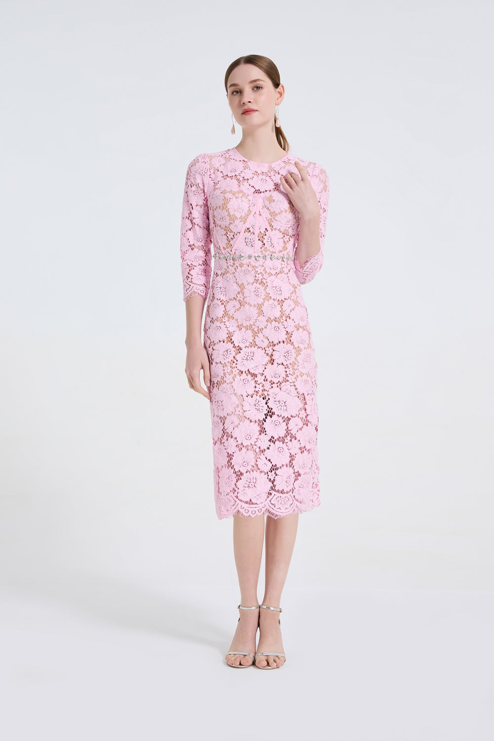 CM-DY061723 Women Elegant European Style Round Neck Long Sleeve High Waist Mid-Length Dress - Pink