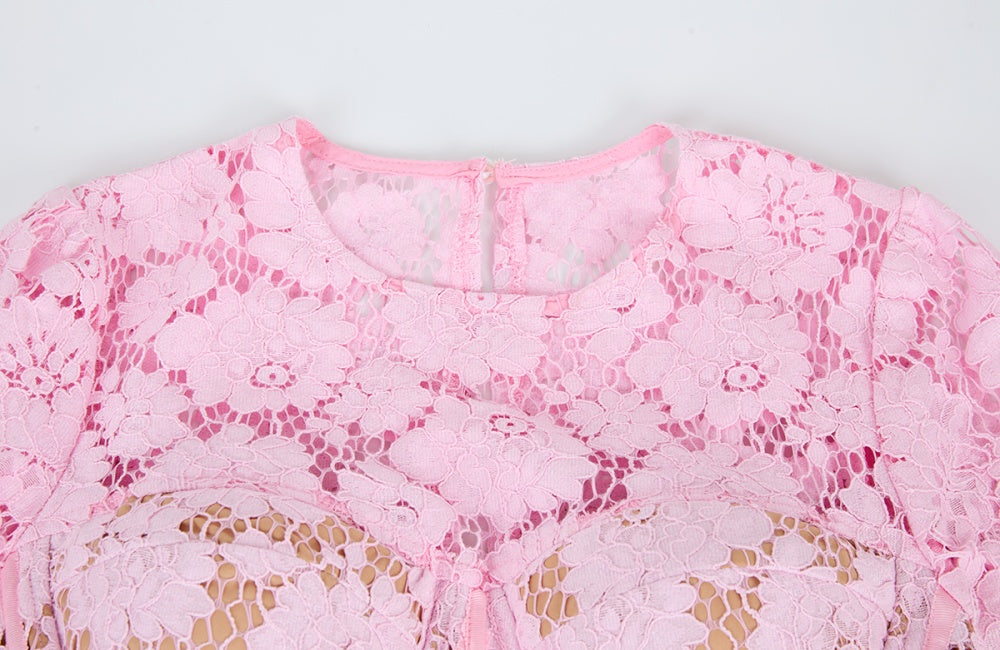 CM-DY061723 Women Elegant European Style Round Neck Long Sleeve High Waist Mid-Length Dress - Pink