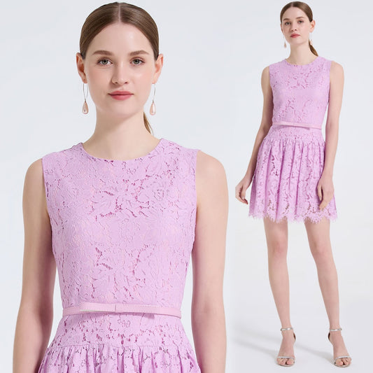 CM-DY061724 Women Elegant European Style Round Neck Sleeveless Lace Mini Dress - Light Purple