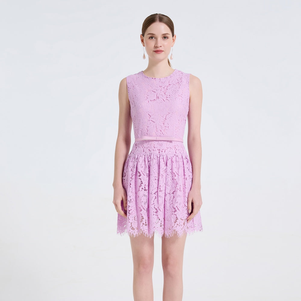 CM-DY061724 Women Elegant European Style Round Neck Sleeveless Lace Mini Dress - Light Purple