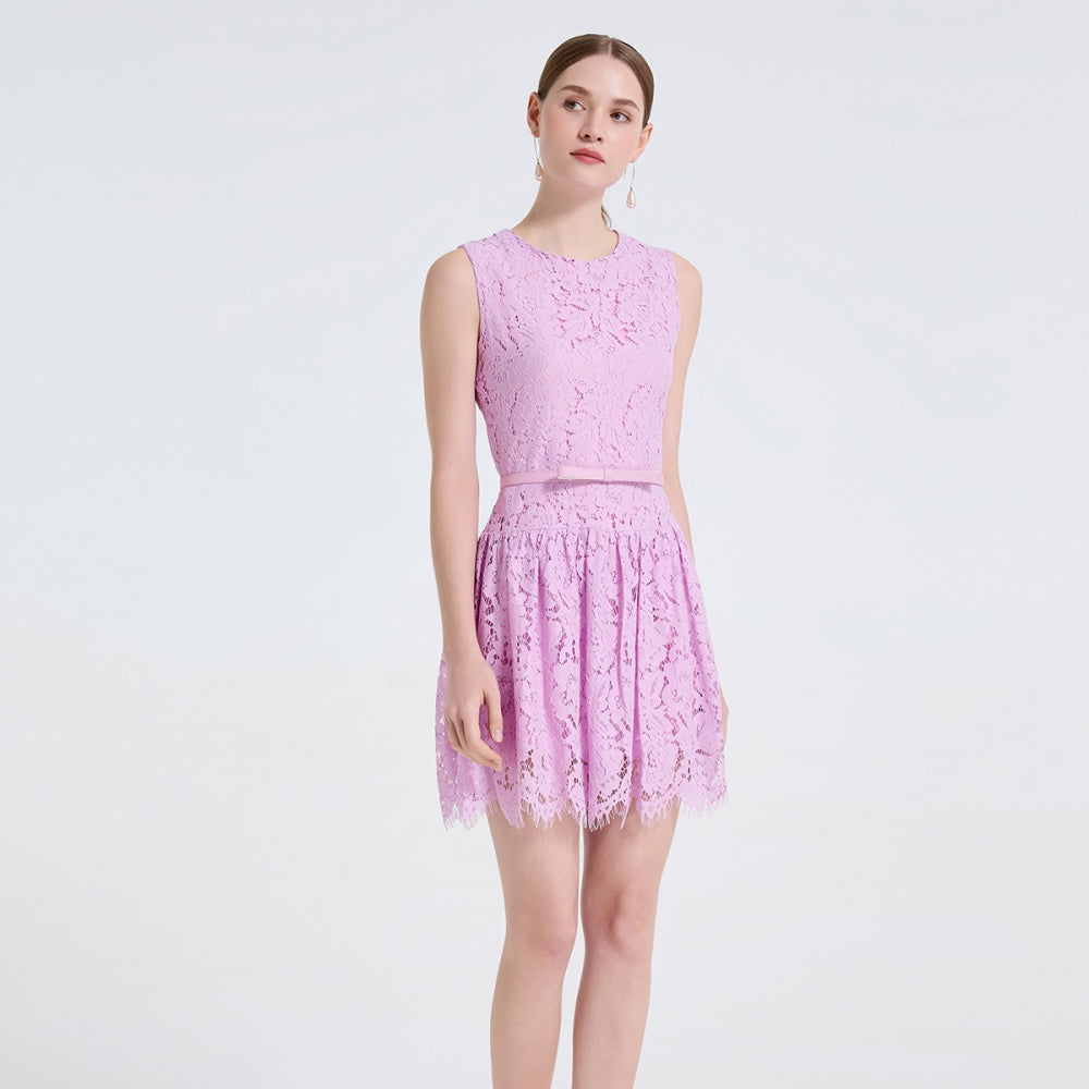CM-DY061724 Women Elegant European Style Round Neck Sleeveless Lace Mini Dress - Light Purple