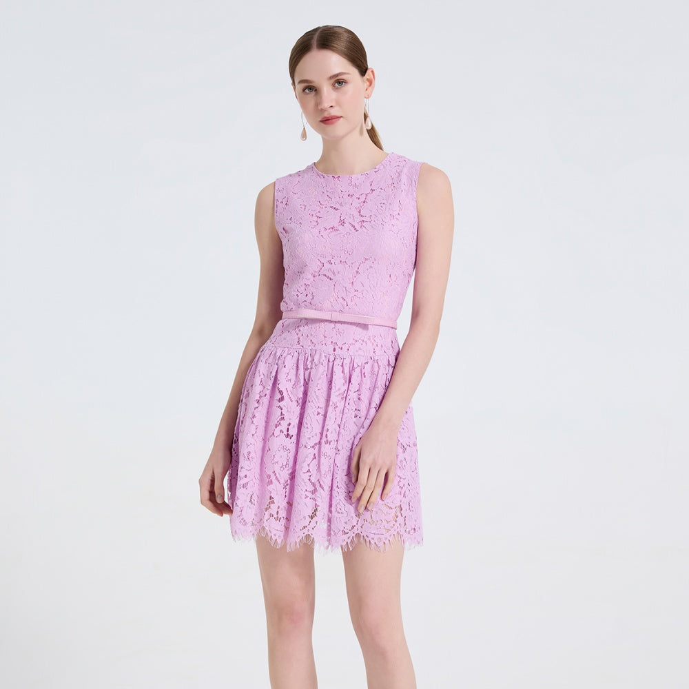CM-DY061724 Women Elegant European Style Round Neck Sleeveless Lace Mini Dress - Light Purple