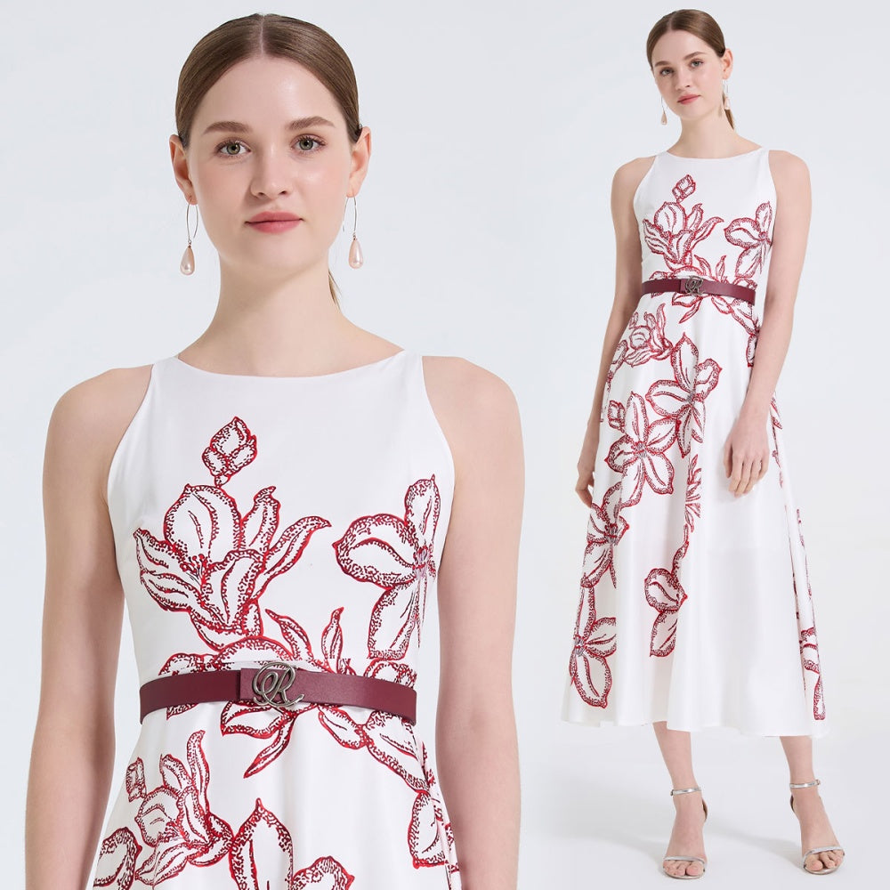 CM-DY061725 Women Elegant European Style Round Neck Sleeveless High Waist Midi Dress - White