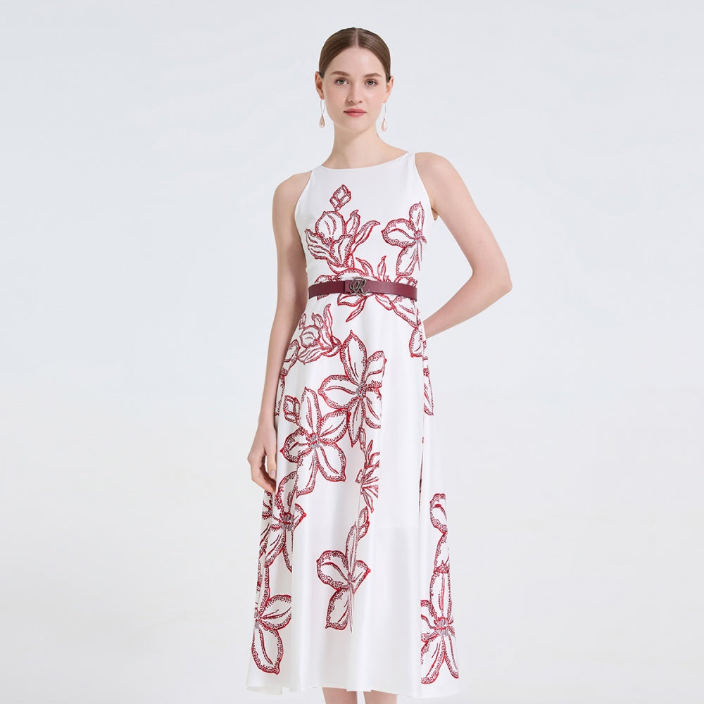 CM-DY061725 Women Elegant European Style Round Neck Sleeveless High Waist Midi Dress - White