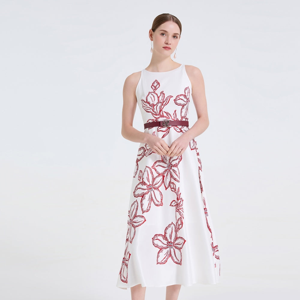 CM-DY061725 Women Elegant European Style Round Neck Sleeveless High Waist Midi Dress - White