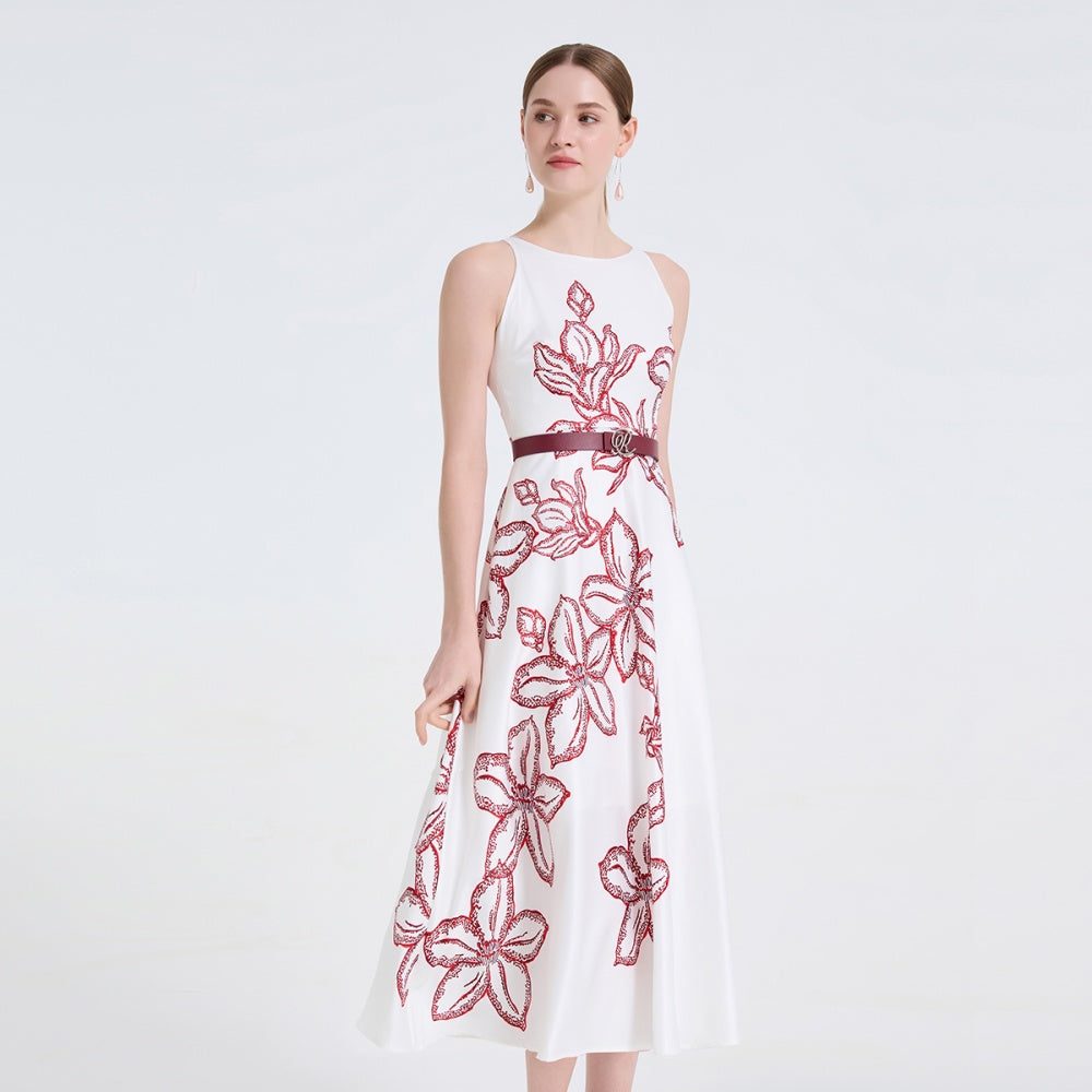 CM-DY061725 Women Elegant European Style Round Neck Sleeveless High Waist Midi Dress - White
