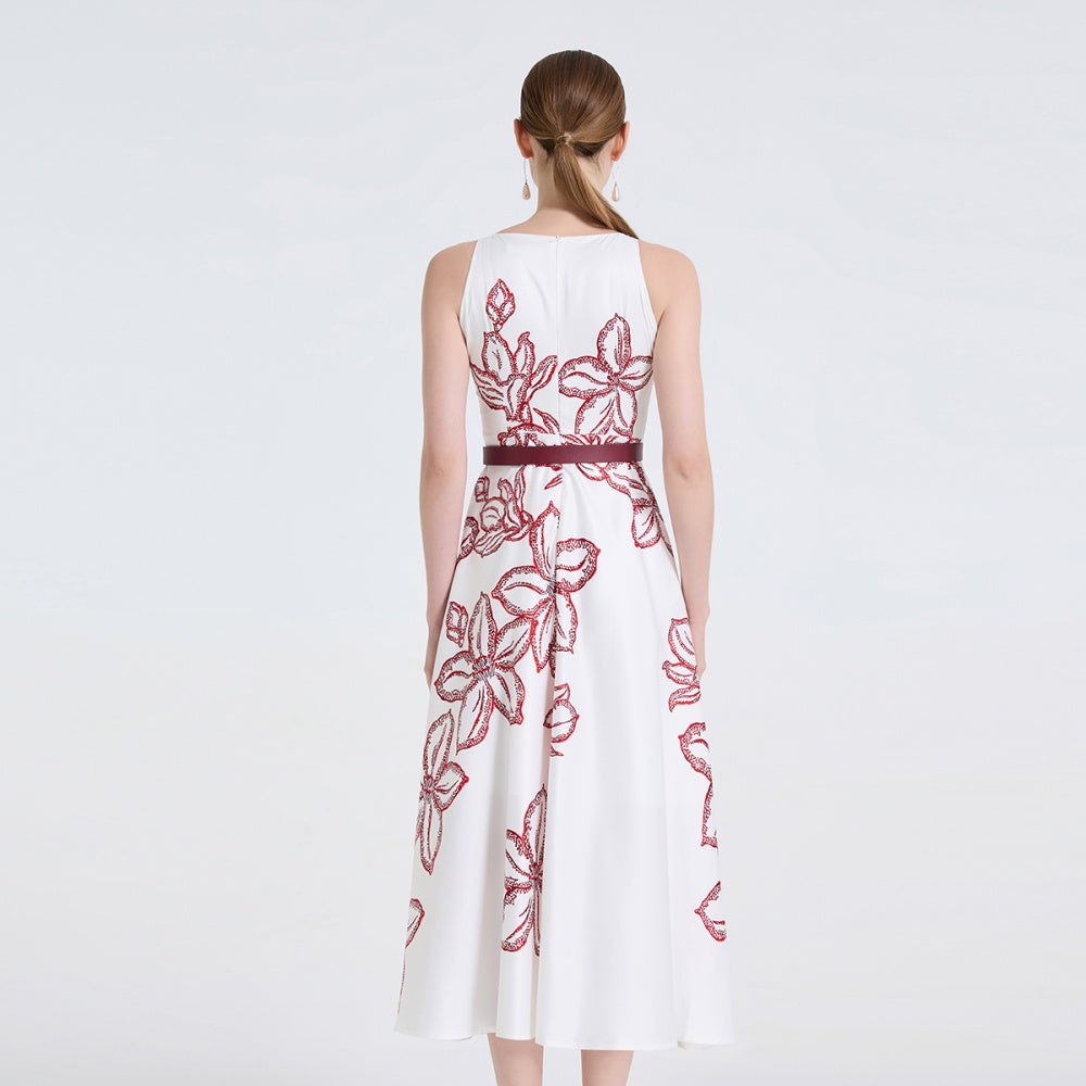 CM-DY061725 Women Elegant European Style Round Neck Sleeveless High Waist Midi Dress - White