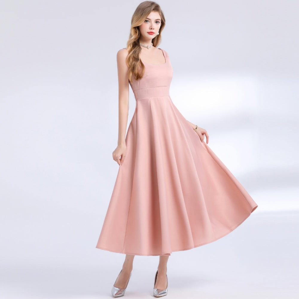 CM-DY061756 Women Elegant European Style Square Neck Sleeveless Pinched Waist Slim Dress - Pink