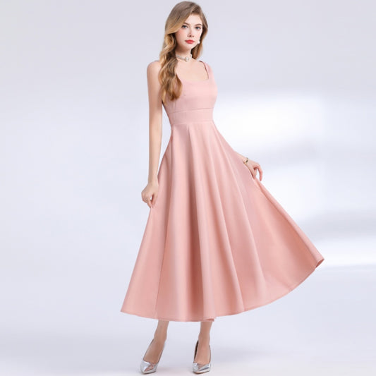 CM-DY061756 Women Elegant European Style Square Neck Sleeveless Pinched Waist Slim Dress - Pink