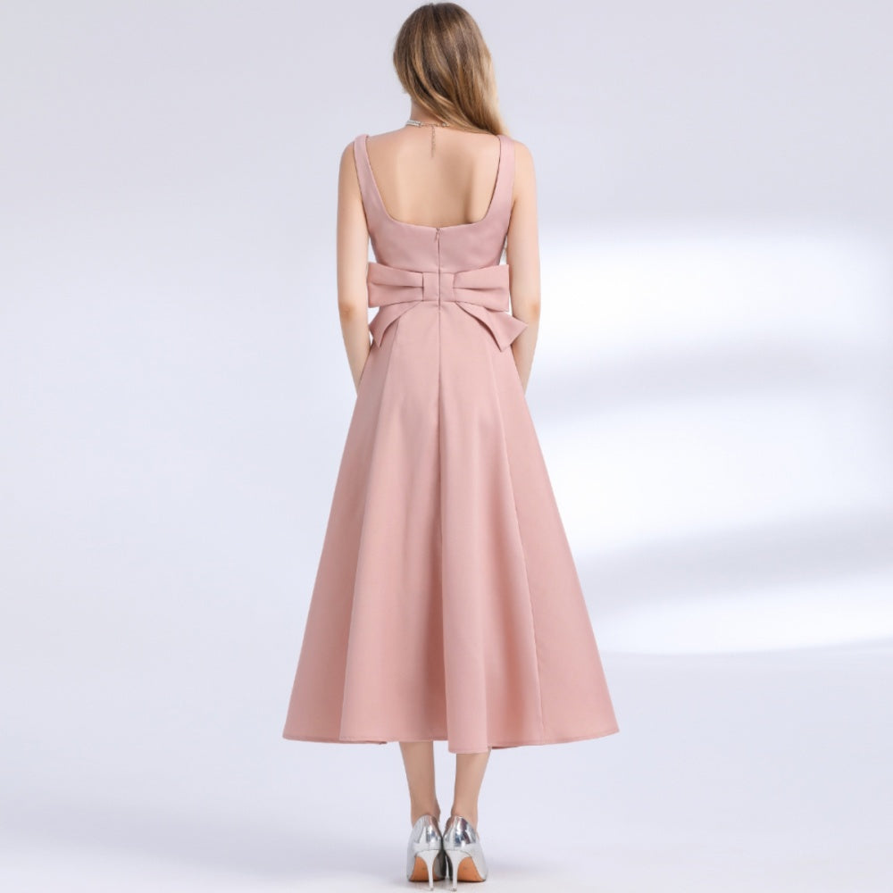 CM-DY061756 Women Elegant European Style Square Neck Sleeveless Pinched Waist Slim Dress - Pink