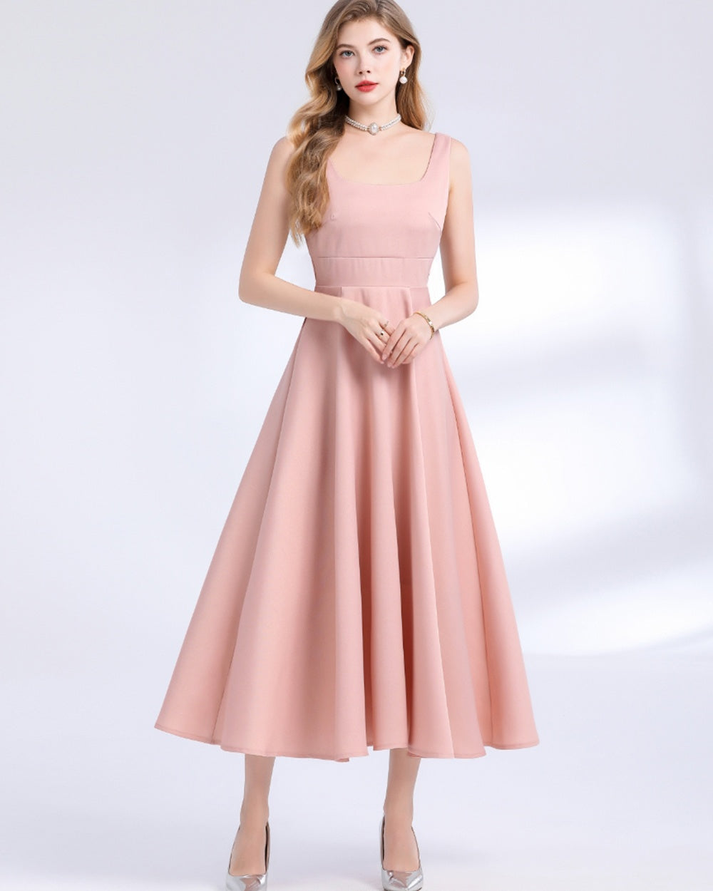 CM-DY061756 Women Elegant European Style Square Neck Sleeveless Pinched Waist Slim Dress - Pink