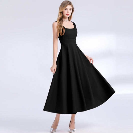 CM-DY061757 Women Elegant European Style Square Neck Sleeveless Pinched Waist Slim Dress - Black