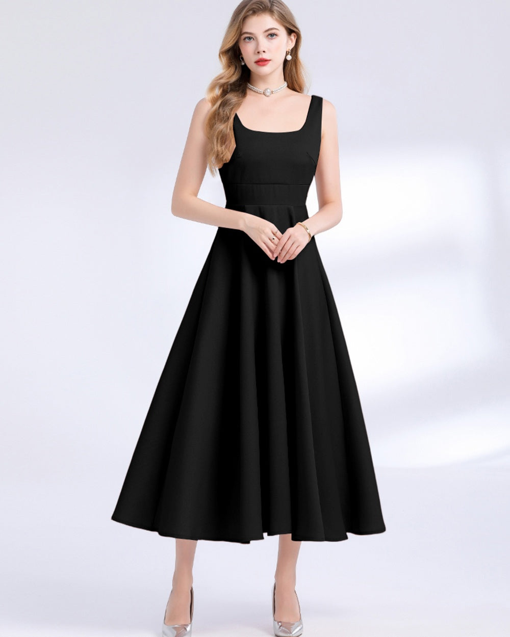 CM-DY061757 Women Elegant European Style Square Neck Sleeveless Pinched Waist Slim Dress - Black